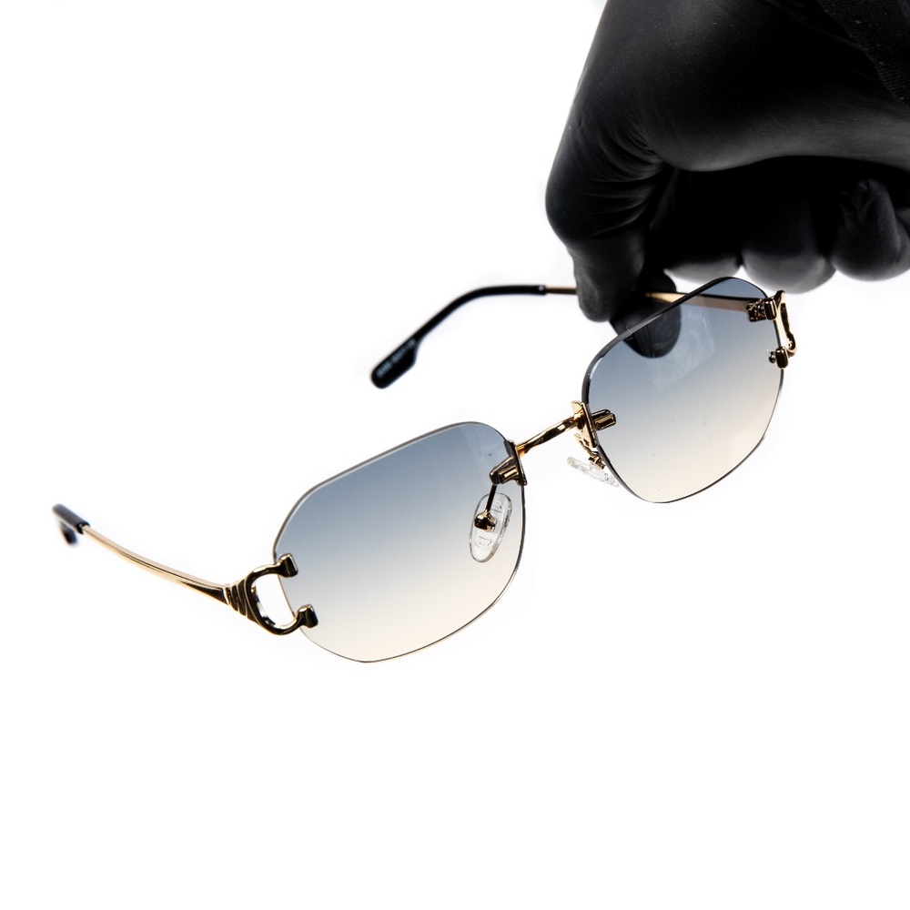 Rimless Gray And Tan Gradient Tint Gold Frame Hip Hop Vintage Fashion Sunglasses